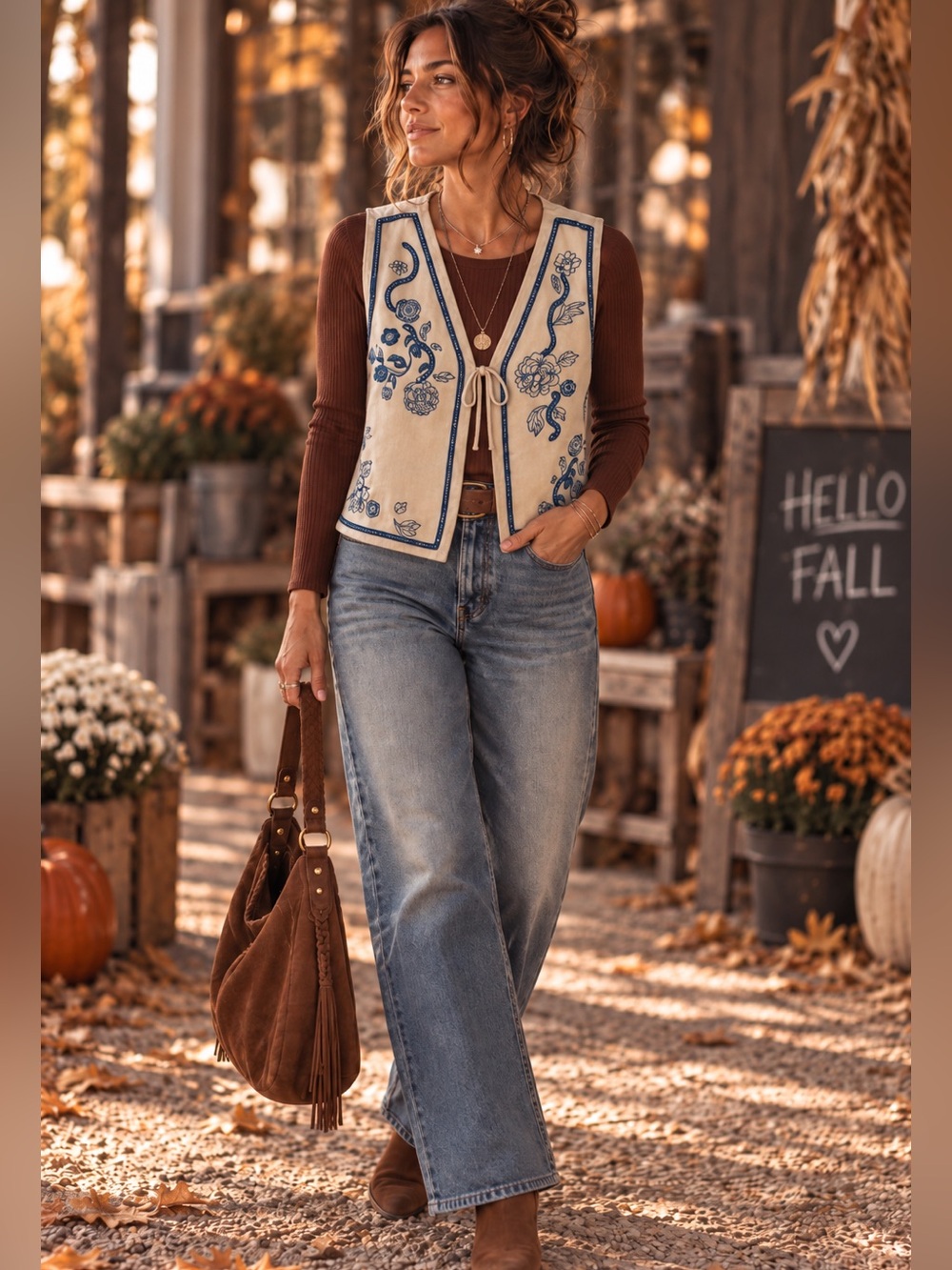 DRIFTWOOD Cream Embroidered Vest with Blue Floral Trim